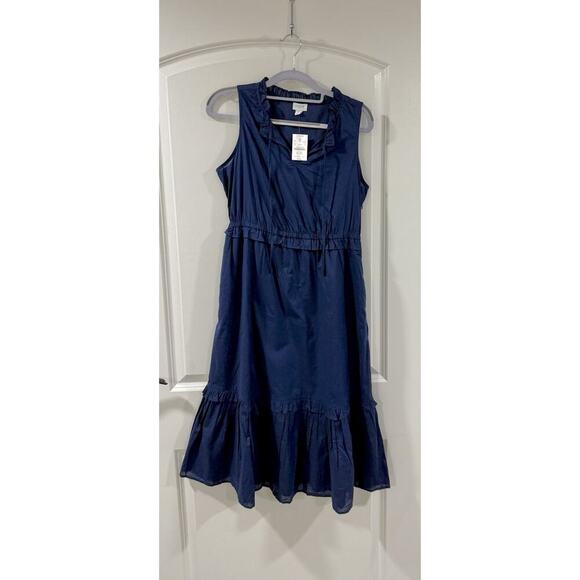 J.Crew Factory Midi Dress Size 4 Navy Tiered Fit & Flare NWT Tie-Neck Sleeveless - Picture 3 of 15